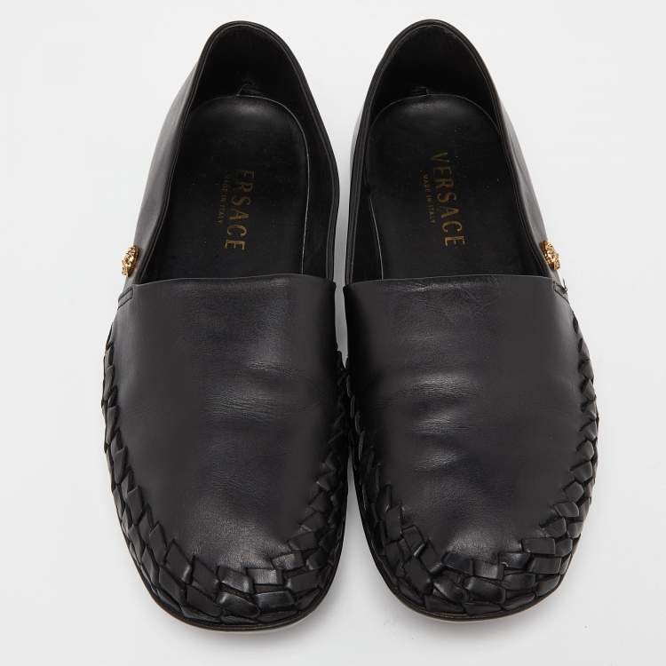 Pre Owned Versace Black Leather Medusa Slip on Loafers Size 42