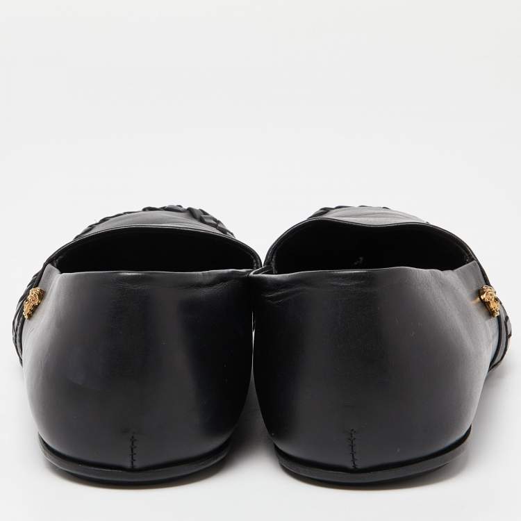 Pre Owned Versace Black Leather Medusa Slip on Loafers Size 42