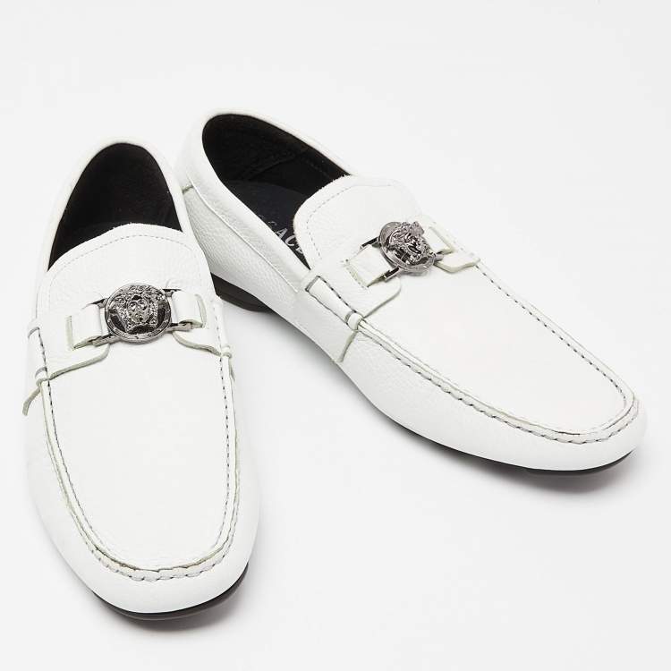 Pre Owned Versace White Leather Medusa Detail Slip On Loafers Size 43