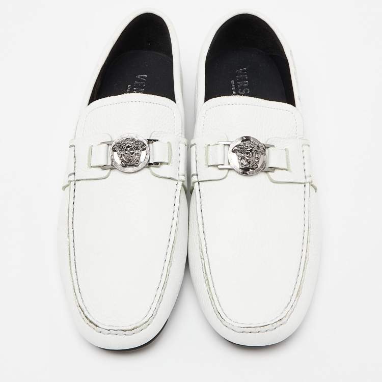 Pre Owned Versace White Leather Medusa Detail Slip On Loafers Size 43