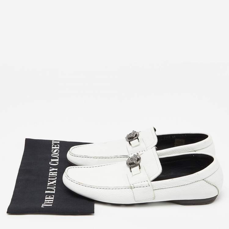 Pre Owned Versace White Leather Medusa Detail Slip On Loafers Size 43