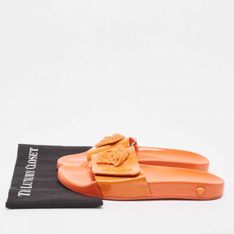 Pre Owned Versace Orange Patent Leather Medusa Flat Slides Size 41