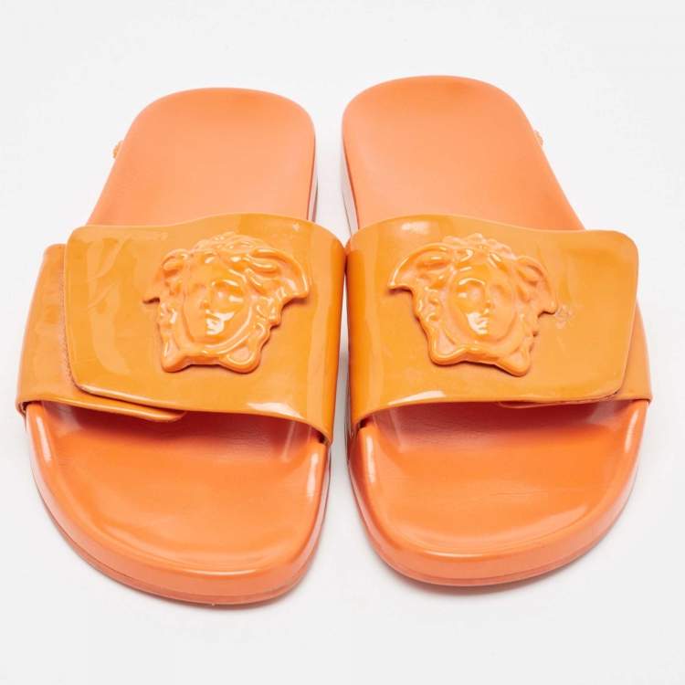 Pre Owned Versace Orange Patent Leather Medusa Flat Slides Size 41