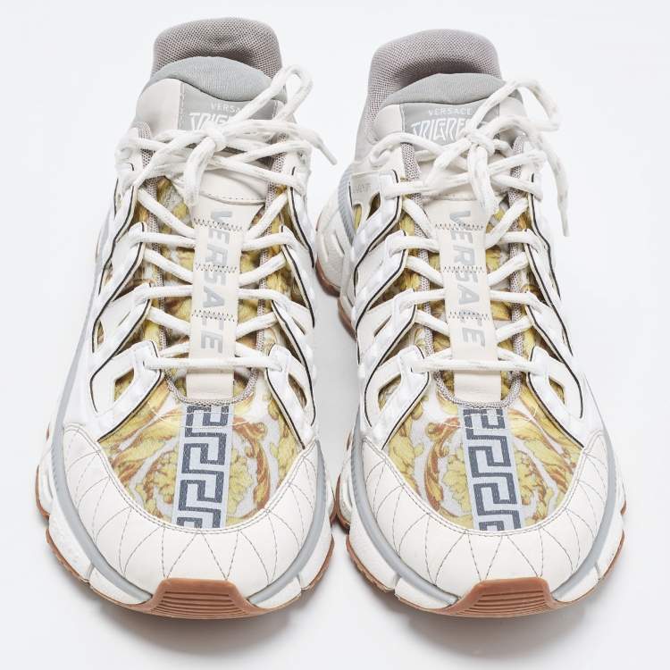 Pre Owned Versace White/Yellow Leather and Fabrice Low Top Sneakers Size 46