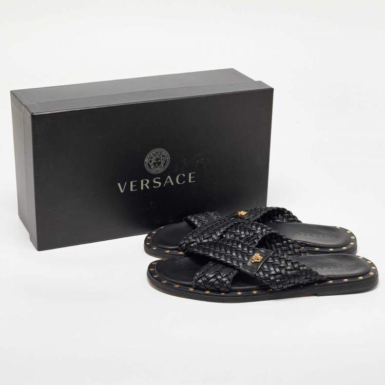 Pre Owned Versace Black Studded Woven Leather Medusa Slide Sandals Size 42