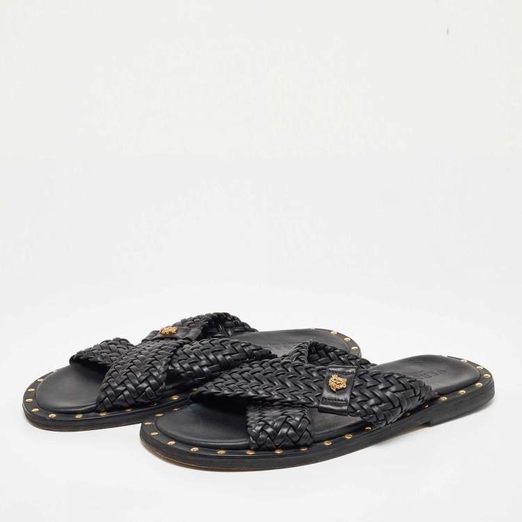 Luxury men's shoes - Versace black and gold Slides with medusa pattern