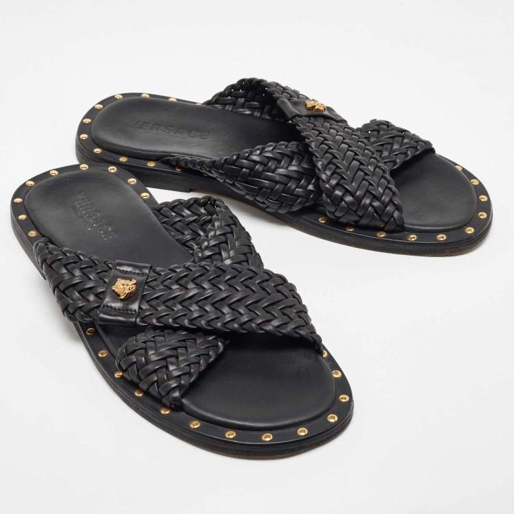 Pre Owned Versace Black Studded Woven Leather Medusa Slide Sandals Size 42