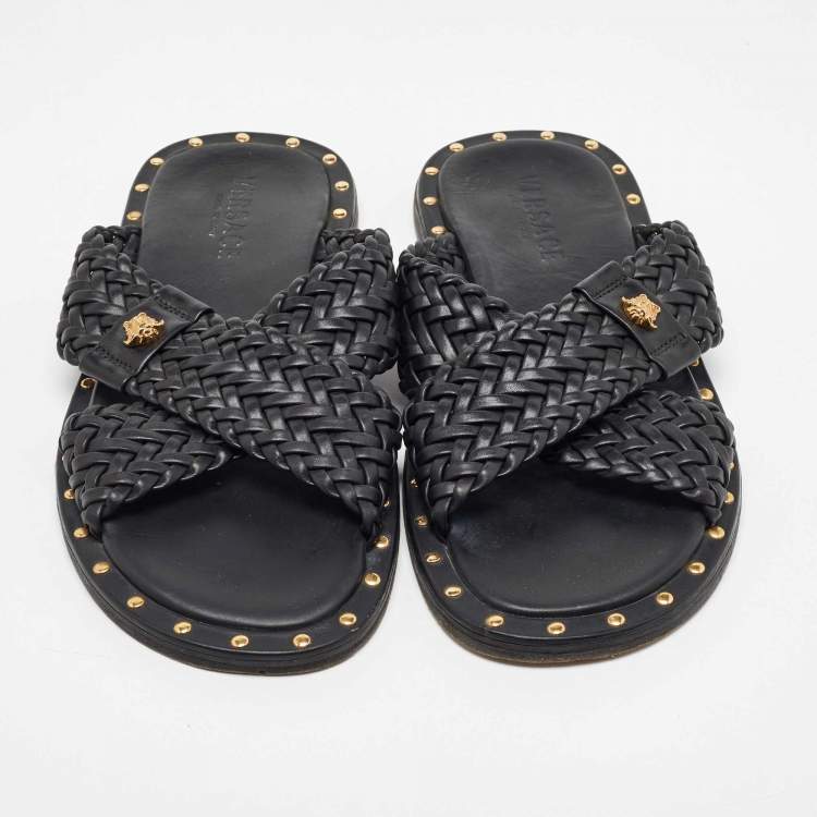 Pre Owned Versace Black Studded Woven Leather Medusa Slide Sandals Size 42