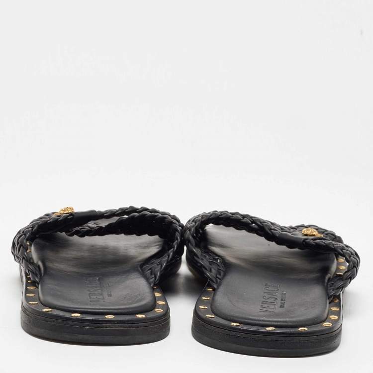 Pre Owned Versace Black Studded Woven Leather Medusa Slide Sandals Size 42