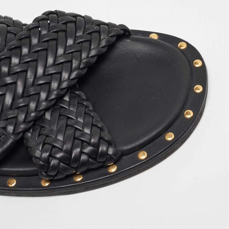 Pre Owned Versace Black Studded Woven Leather Medusa Slide Sandals Size 42