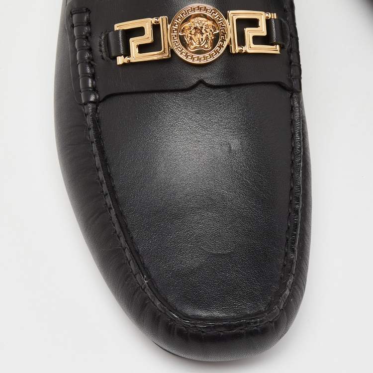 Pre Owned Versace Black Leather Medusa Slip On Loafers Size 44