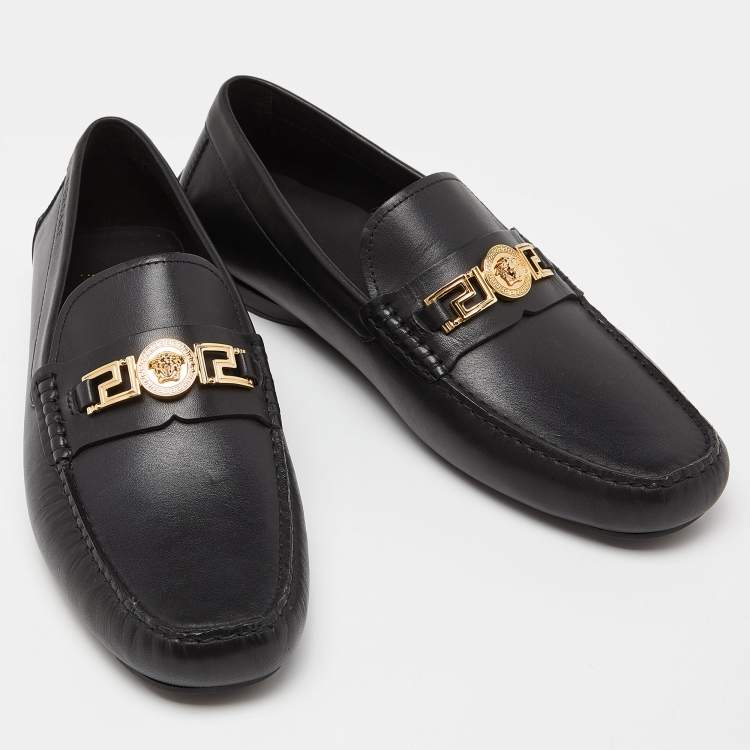 Pre Owned Versace Black Leather Medusa Slip On Loafers Size 44