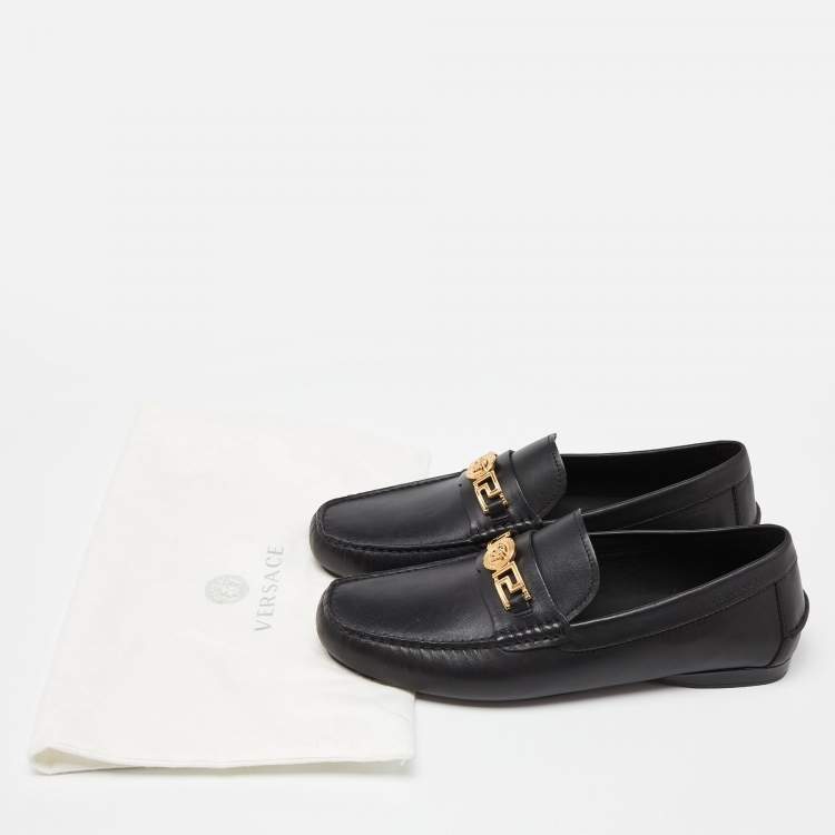 Pre Owned Versace Black Leather Medusa Slip On Loafers Size 44