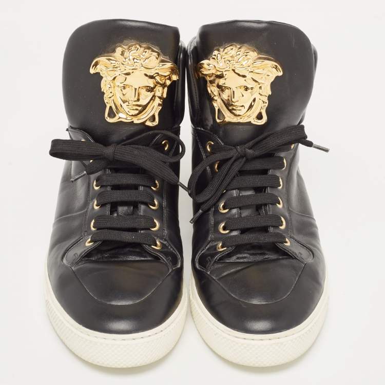 Pre Owned versace Black Leather Medusa High Top Sneakers Size 43