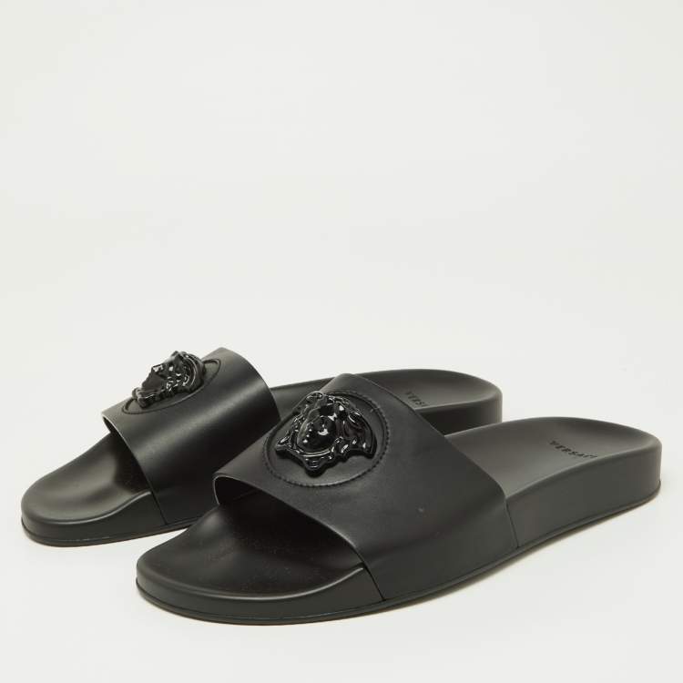 Pre Owned Versace Black Leather Medusa Flat Slide Sandals Size 43