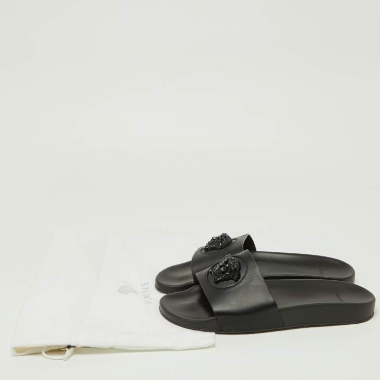 Pre Owned Versace Black Leather Medusa Flat Slide Sandals Size 43