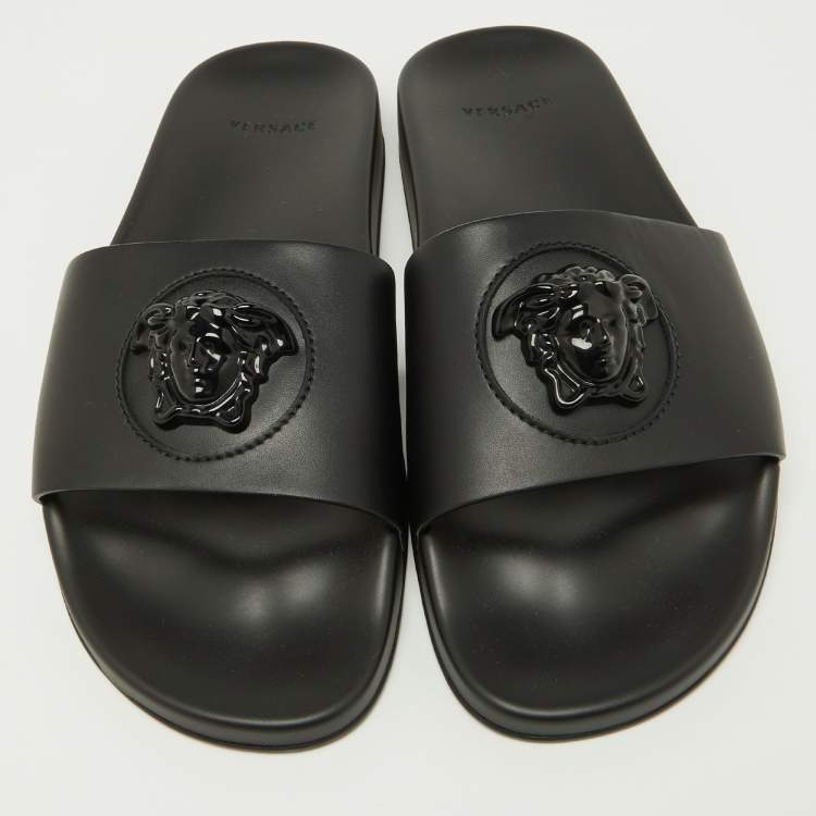 Pre Owned Versace Black Leather Medusa Flat Slide Sandals Size 43