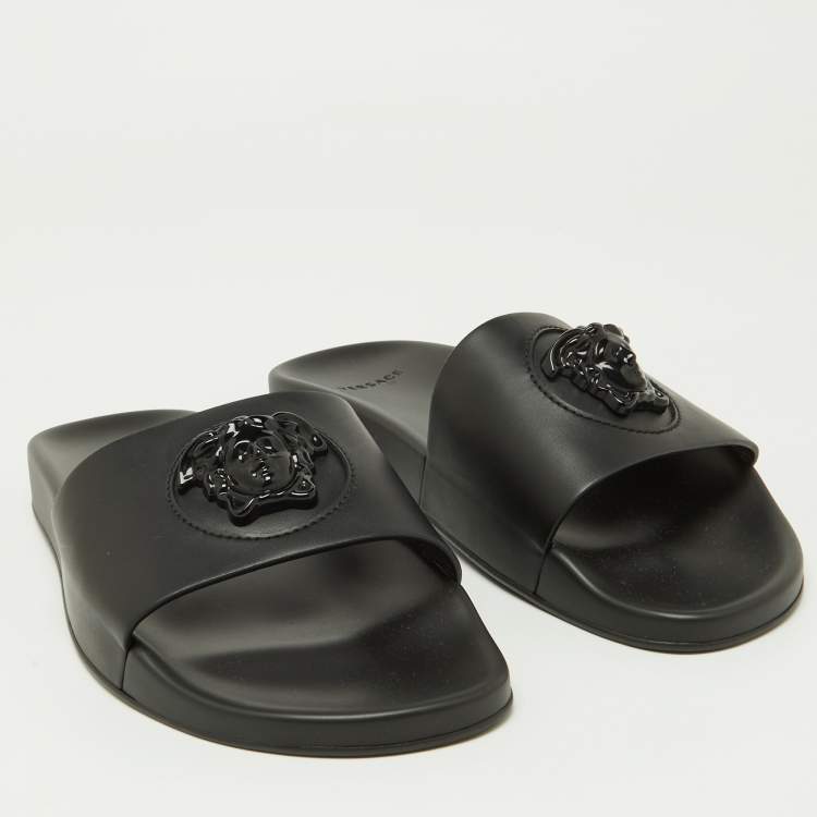 Pre Owned Versace Black Leather Medusa Flat Slide Sandals Size 43