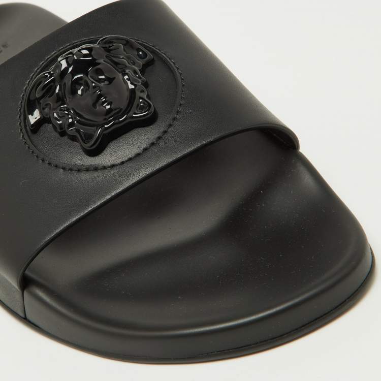 Pre Owned Versace Black Leather Medusa Flat Slide Sandals Size 43