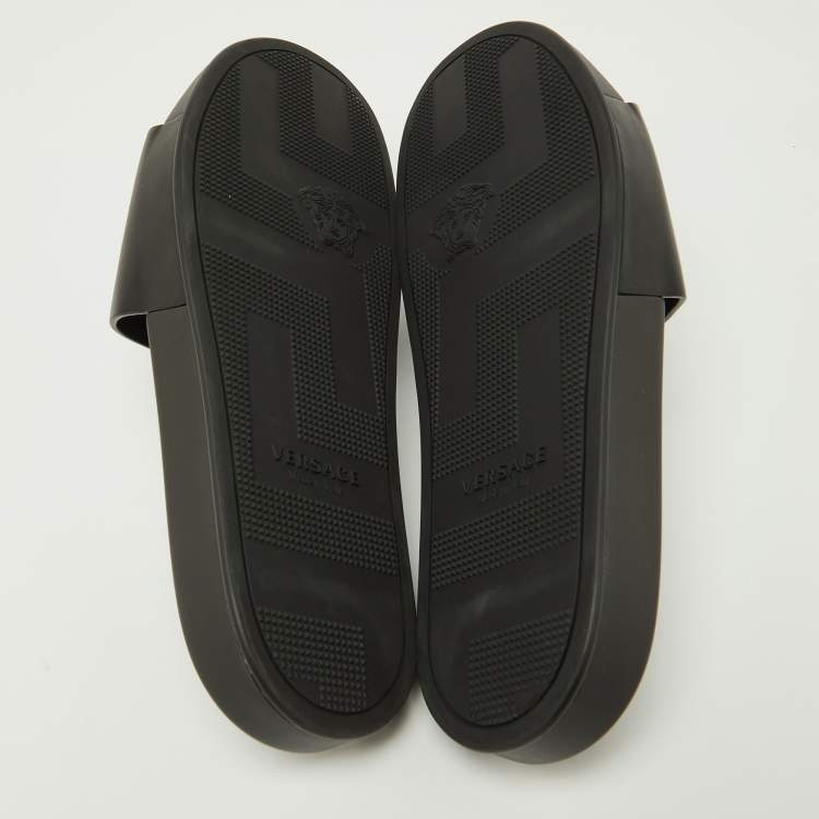 Pre Owned Versace Black Leather Medusa Flat Slide Sandals Size 43