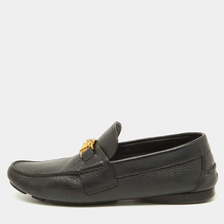 Pre Owned Versace Black Leather Medusa Detail Slip On Loafers Size 42.5