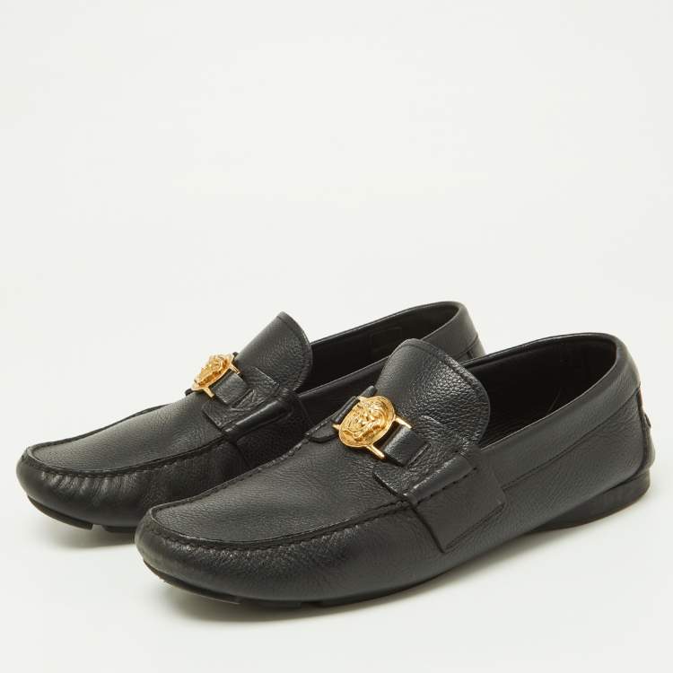 Pre Owned Versace Black Leather Medusa Detail Slip On Loafers Size 42.5