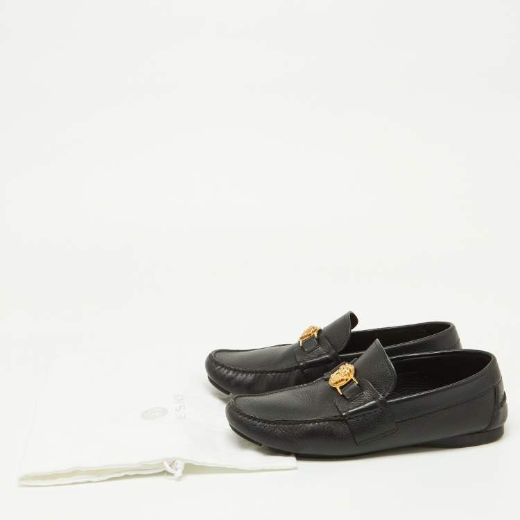 Pre Owned Versace Black Leather Medusa Detail Slip On Loafers Size 42.5