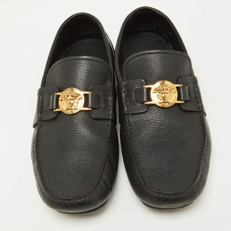 Pre Owned Versace Black Leather Medusa Detail Slip On Loafers Size 42.5