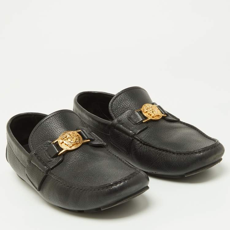 Pre Owned Versace Black Leather Medusa Detail Slip On Loafers Size 42.5