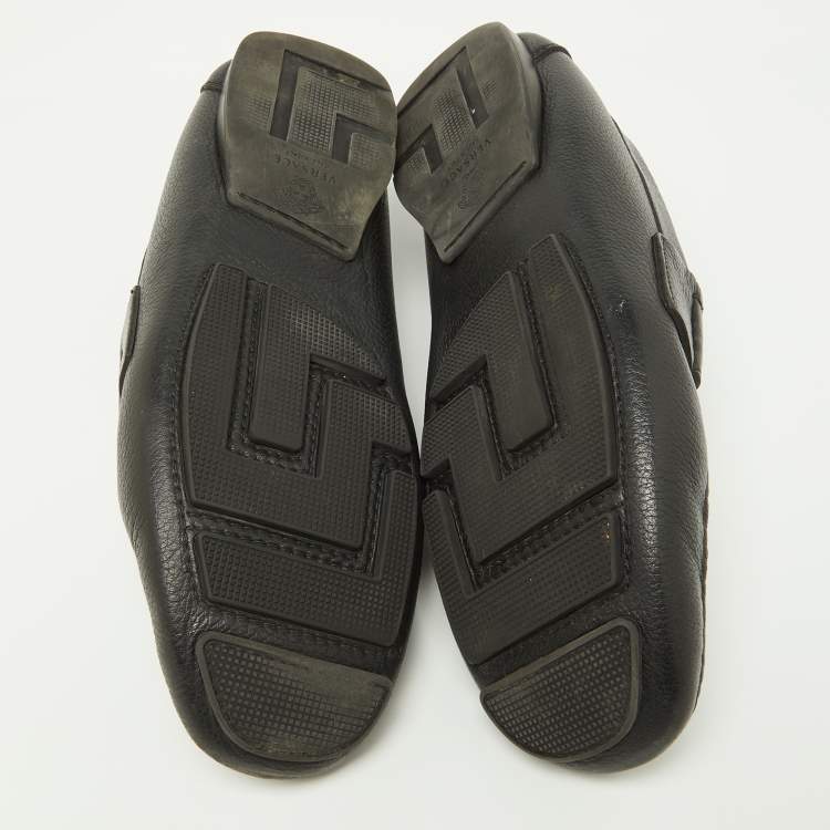 Pre Owned Versace Black Leather Medusa Detail Slip On Loafers Size 42.5
