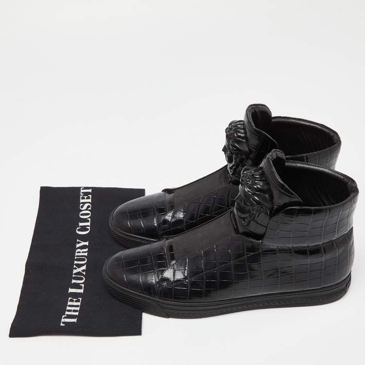 Pre Owned Versace Black Croc Embossed Leather Palazzo Medusa High Top Sneakers Size 43