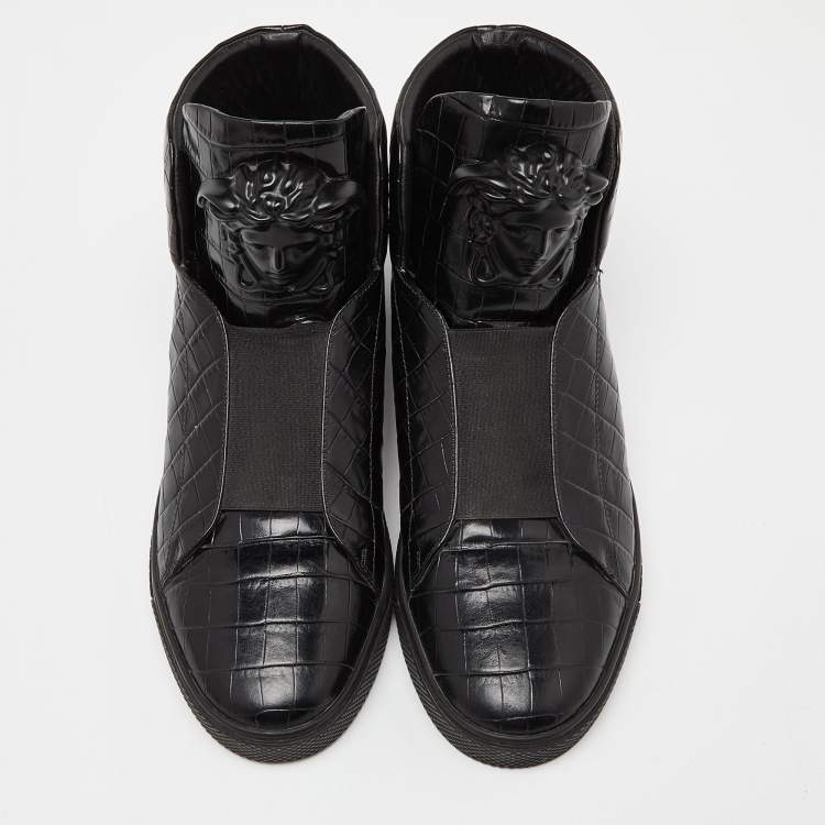 Pre Owned Versace Black Croc Embossed Leather Palazzo Medusa High Top Sneakers Size 43