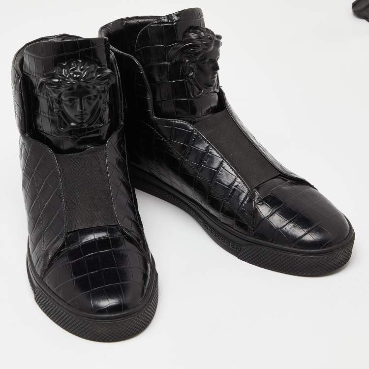 Pre Owned Versace Black Croc Embossed Leather Palazzo Medusa High Top Sneakers Size 43