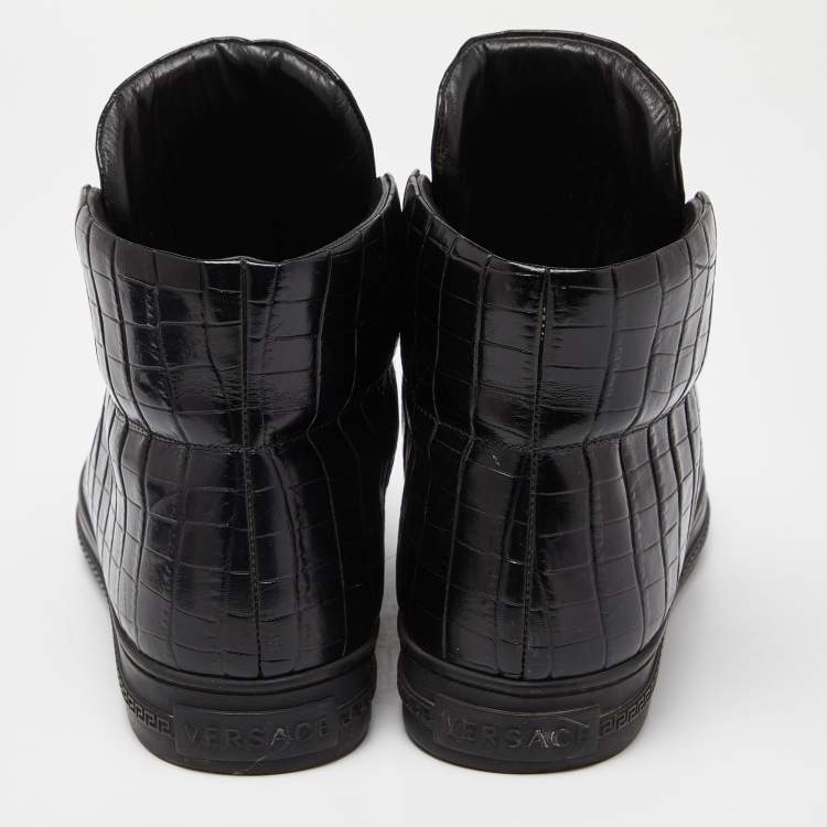 Pre Owned Versace Black Croc Embossed Leather Palazzo Medusa High Top Sneakers Size 43