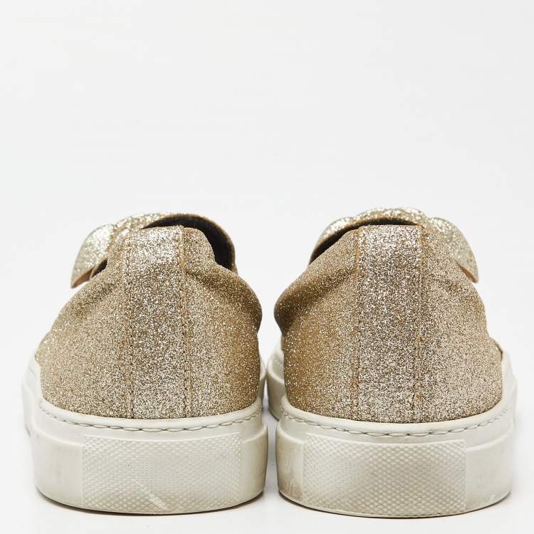 Pre Owned Versace Gold Glitter Palazzo Medusa Slip On Sneakers Size 41