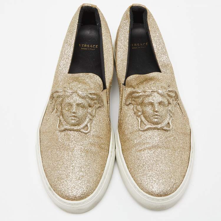 Pre Owned Versace Gold Glitter Palazzo Medusa Slip On Sneakers Size 41