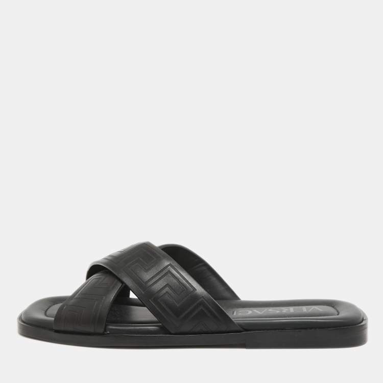 Pre Owned Versace Black Leather Greca Flat Slides Size 42.5