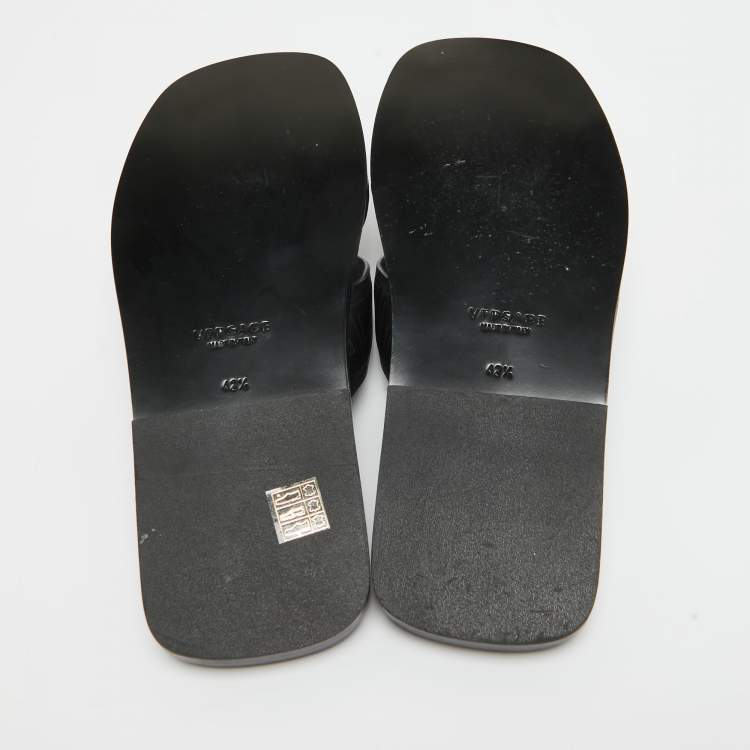 Pre Owned Versace Black Leather Greca Flat Slides Size 42.5