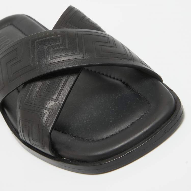 Pre Owned Versace Black Leather Greca Flat Slides Size 42.5