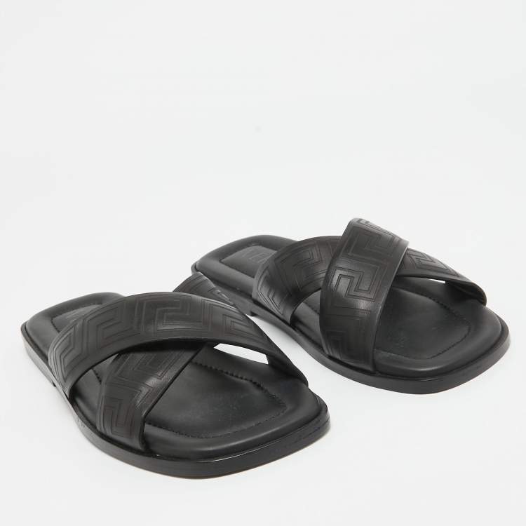 Pre Owned Versace Black Leather Greca Flat Slides Size 42.5