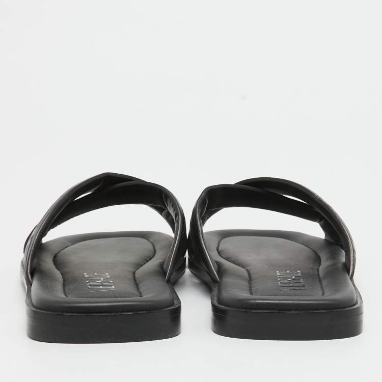 Pre Owned Versace Black Leather Greca Flat Slides Size 42.5