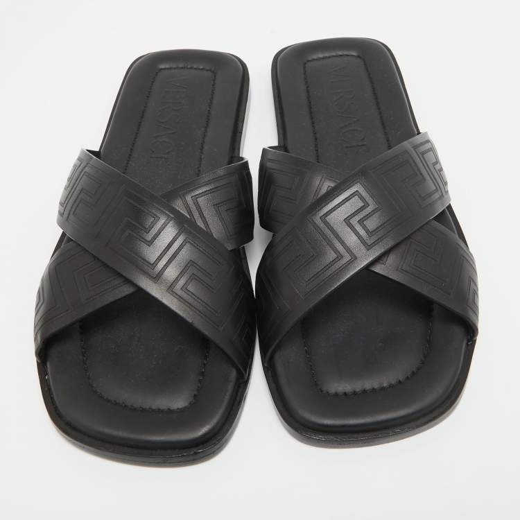 Pre Owned Versace Black Leather Greca Flat Slides Size 42.5