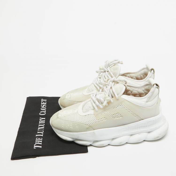 Pre Owned Versace White Suede and PVC Chain Reaction Sneakers Size 42