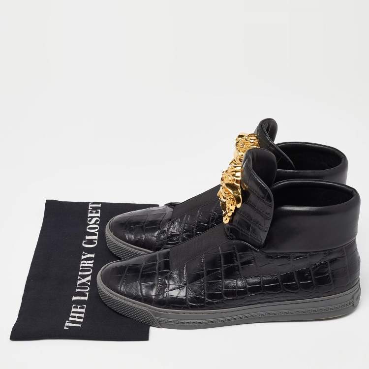 Pre Owned Versace Black Croc Embossed Leather Medusa High Top Sneakers Size 42