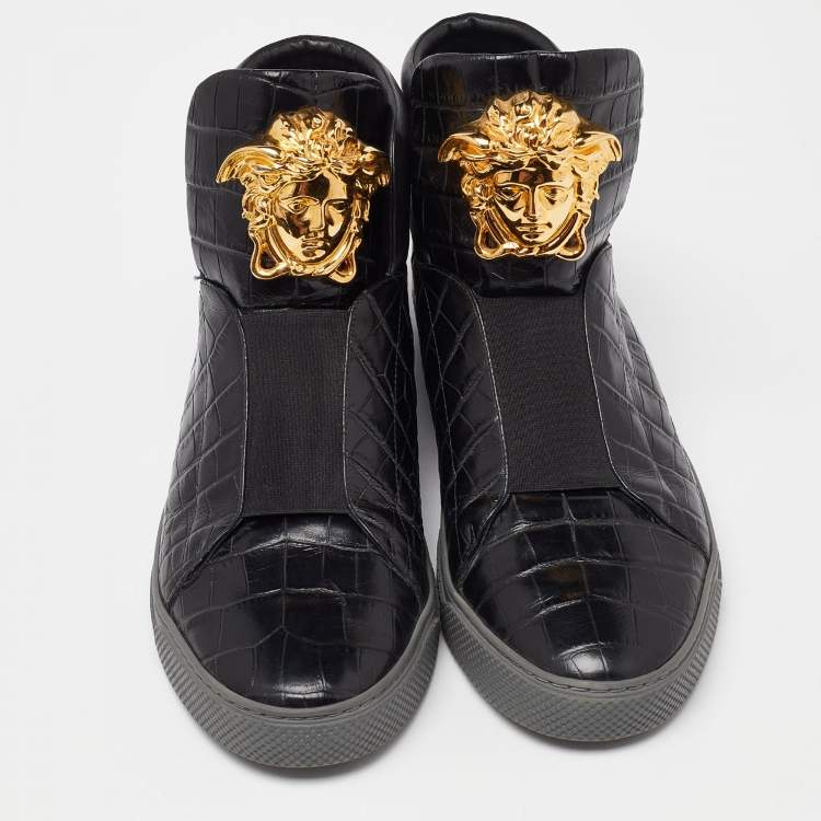 Pre Owned Versace Black Croc Embossed Leather Medusa High Top Sneakers Size 42