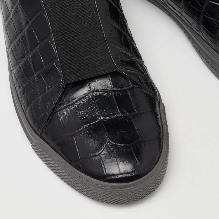 Pre Owned Versace Black Croc Embossed Leather Medusa High Top Sneakers Size 42