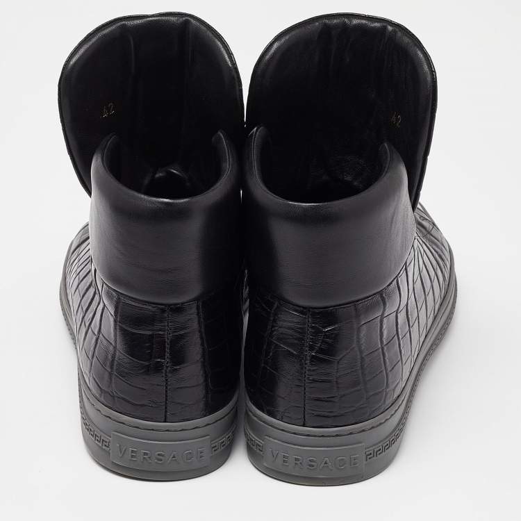Pre Owned Versace Black Croc Embossed Leather Medusa High Top Sneakers Size 42
