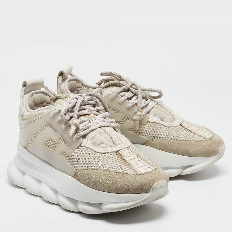 Pre Owned Versace White/Grey Mesh And Suede Chain Reaction Sneakers Size 42