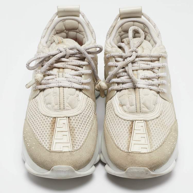 Pre Owned Versace White/Grey Mesh And Suede Chain Reaction Sneakers Size 42