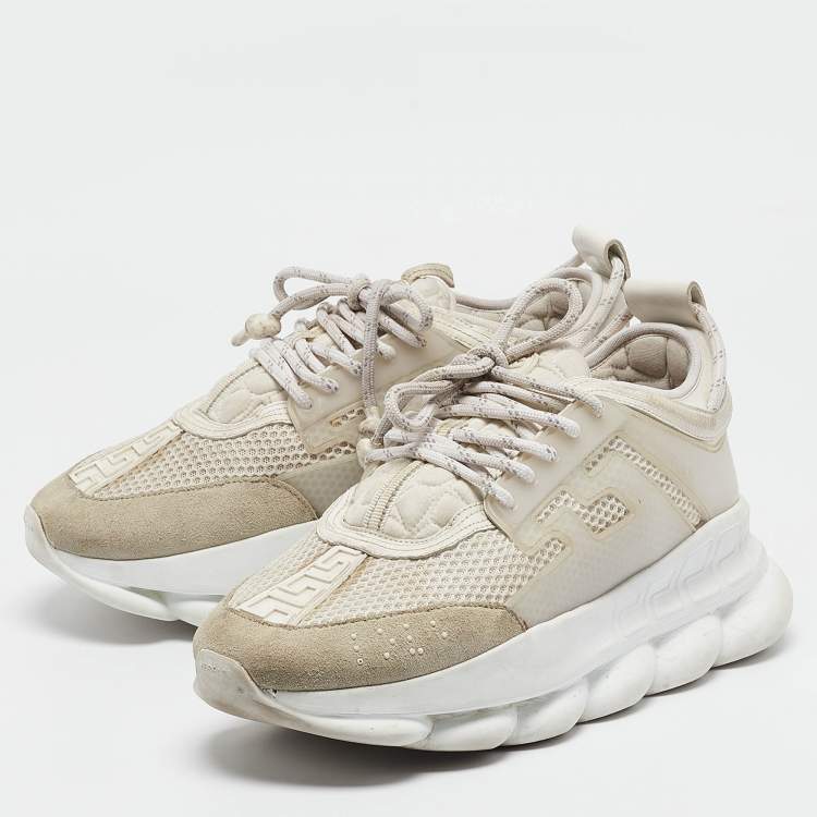 Pre Owned Versace White/Grey Mesh And Suede Chain Reaction Sneakers Size 42